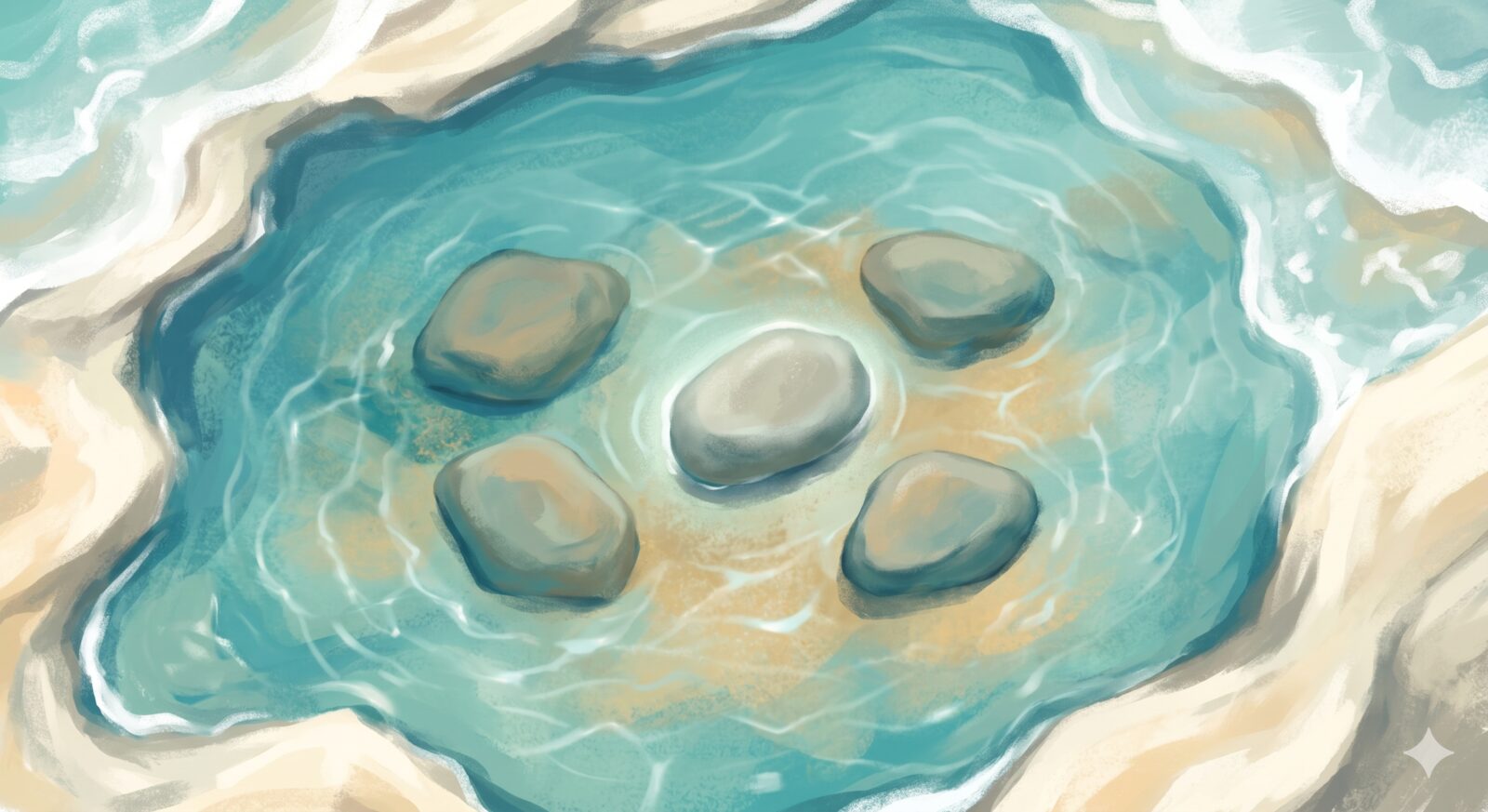 A painterly overhead view of a shallow tidal pool with five stones resting on the sand beneath clear water.